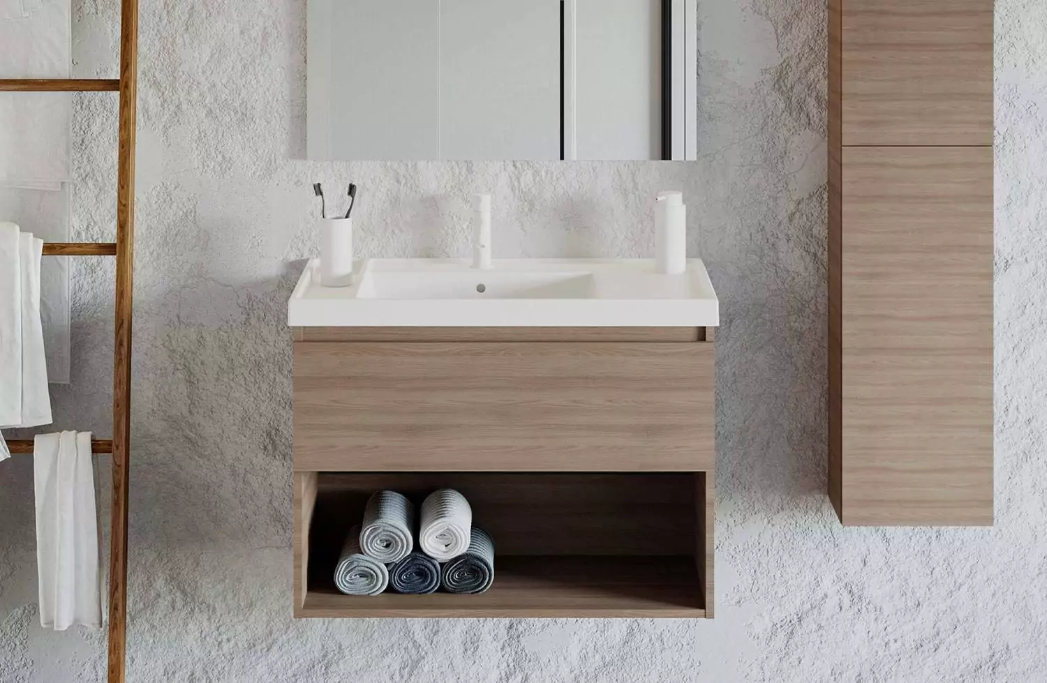 Mueble B-Best de 80 cm nogal natural con 1 cajón y lavabo Teckstone Bath+ en Minspira