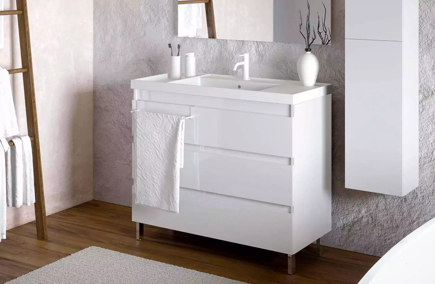 Mueble B-Best de 100 cm blanco brillo con 3 cajones y lavabo Teckstone Bath+ en Minspira