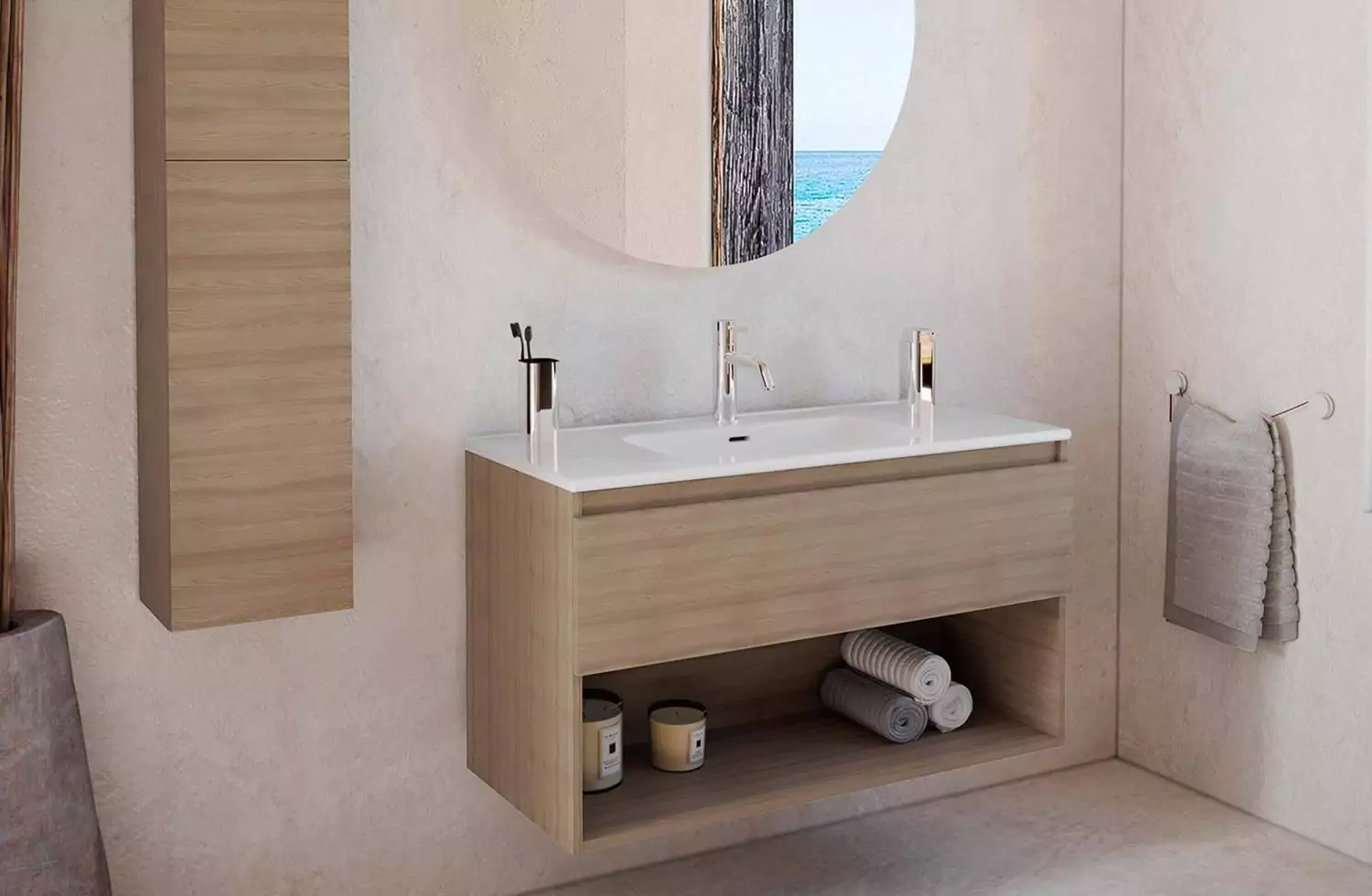 Mueble B-Best de 100 cm nogal natural con 1 cajón y lavabo de porcelana Bath+