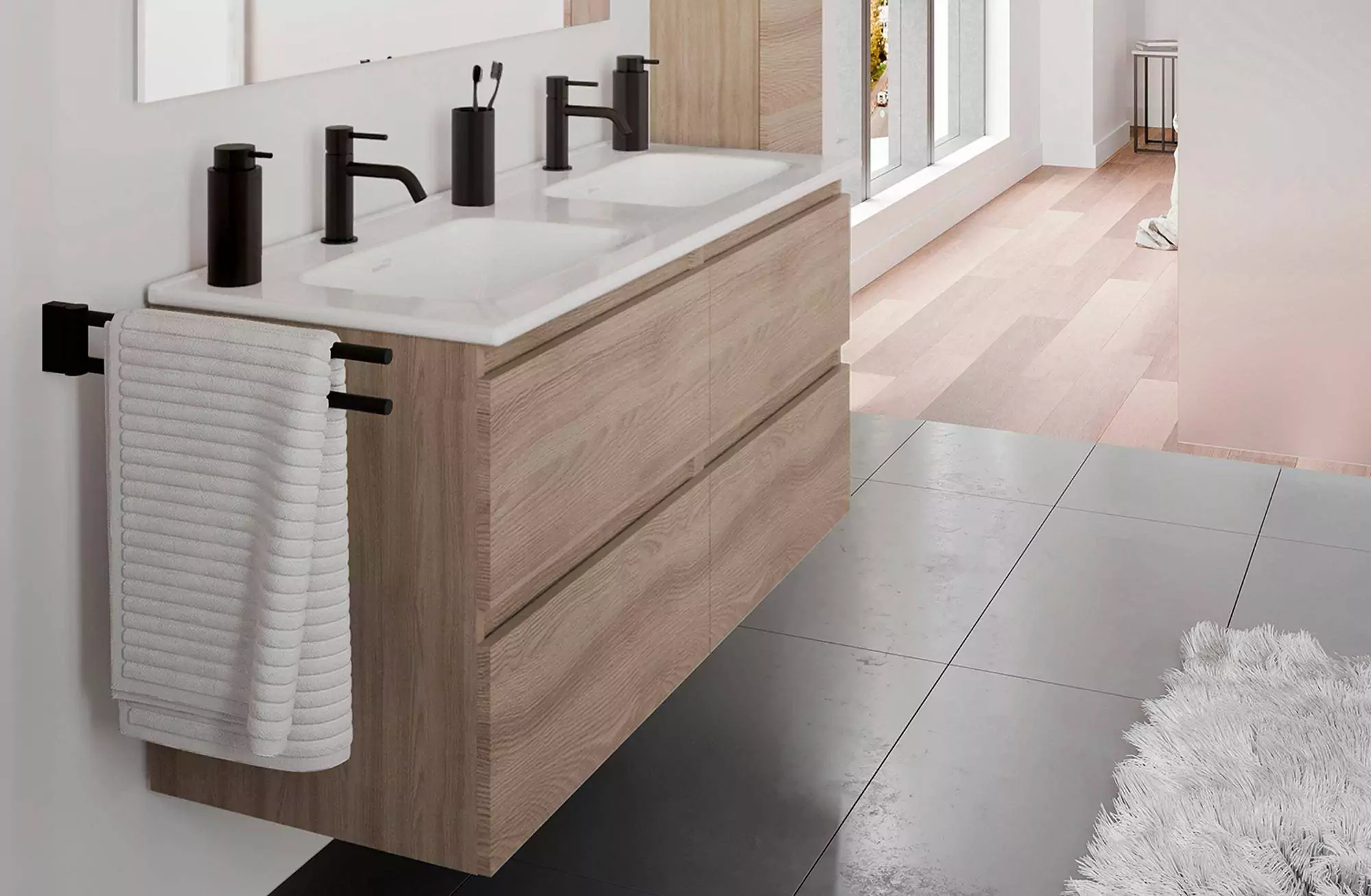 Mueble de baño con doble lavabo de 120 cm de ancho y 4 cajones en color  roble claro Ona Roca